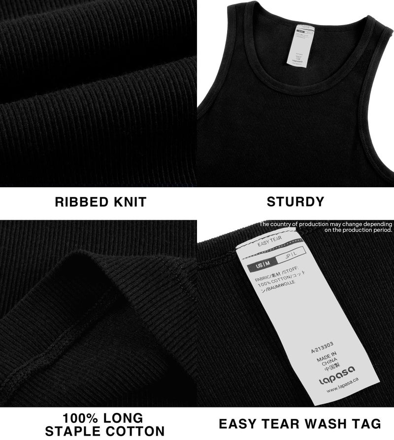 LAPASA Men's 100% Cotton Ribbed Tank Tops Sleeveless Crewneck A-Shirts Basic Solid Undershirts Vests 4 Pack M35, Black, Small - Image 5